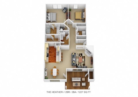 Floor plan for 2 beds, 2 baths, 1227 sqft